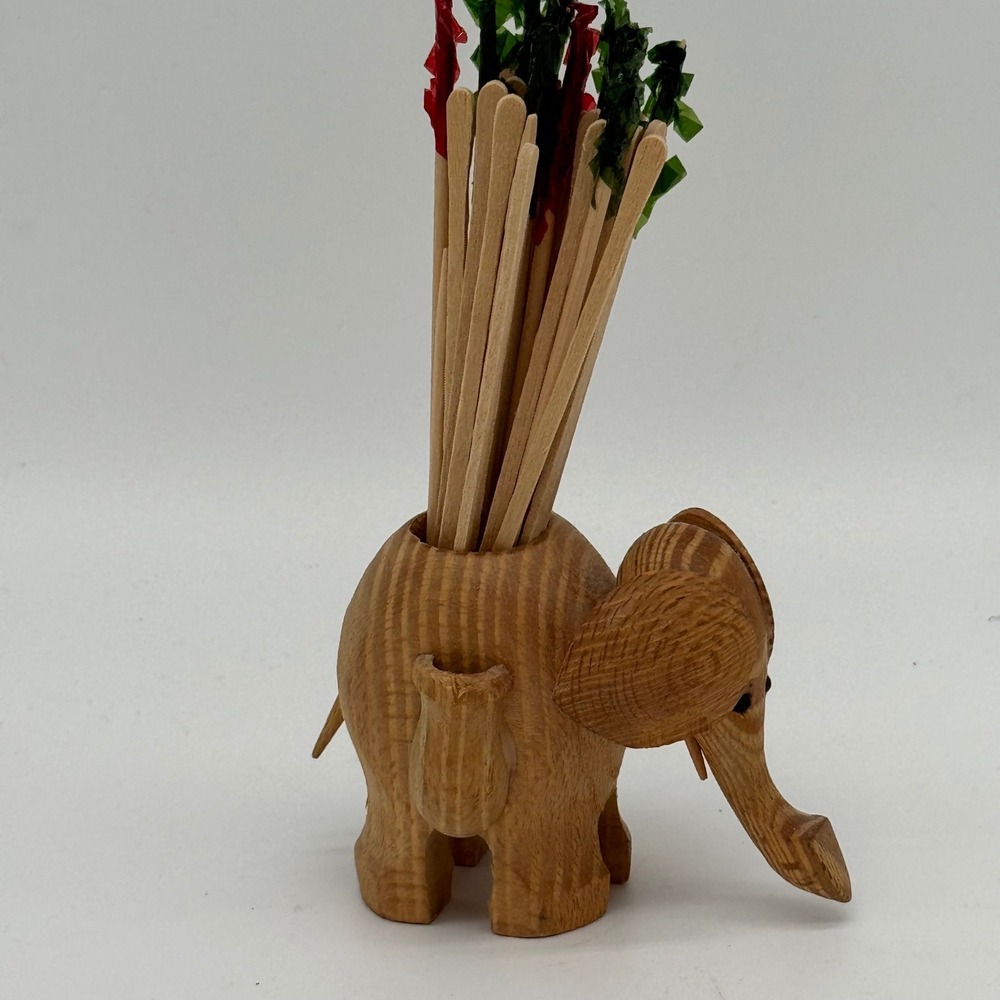 Vintage MCM Carved Wood Elephant Toothpick Holder Cocktail Pick Barware 1960s